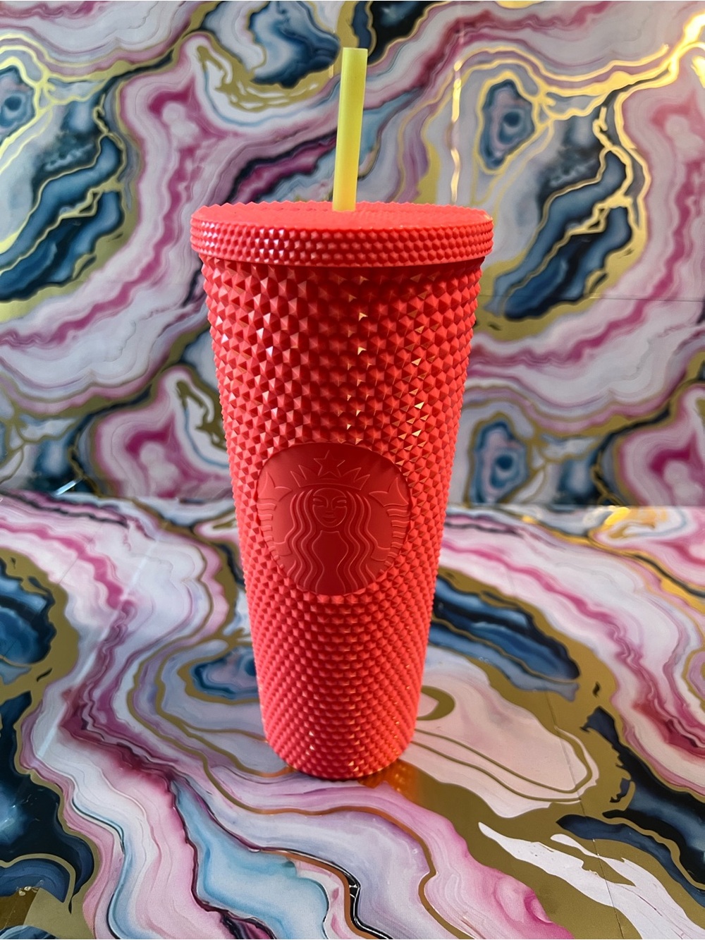 Starbucks 2022 DragonFruit Coral Pink Studded Reusable Tumbler with Yellow Straw